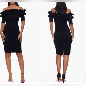 Xscape Black Off-Shoulder Ruffle Sheath Dress